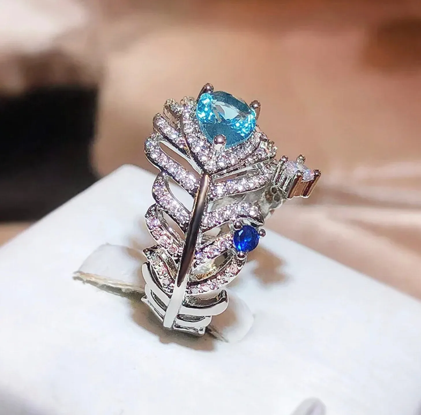 Diamond Feather Ring | Blue Diamond Ring | Womens Statement Ring |  Aquamarine Engagement Ring | Blue Diamond Ring | Womens Feather Ring