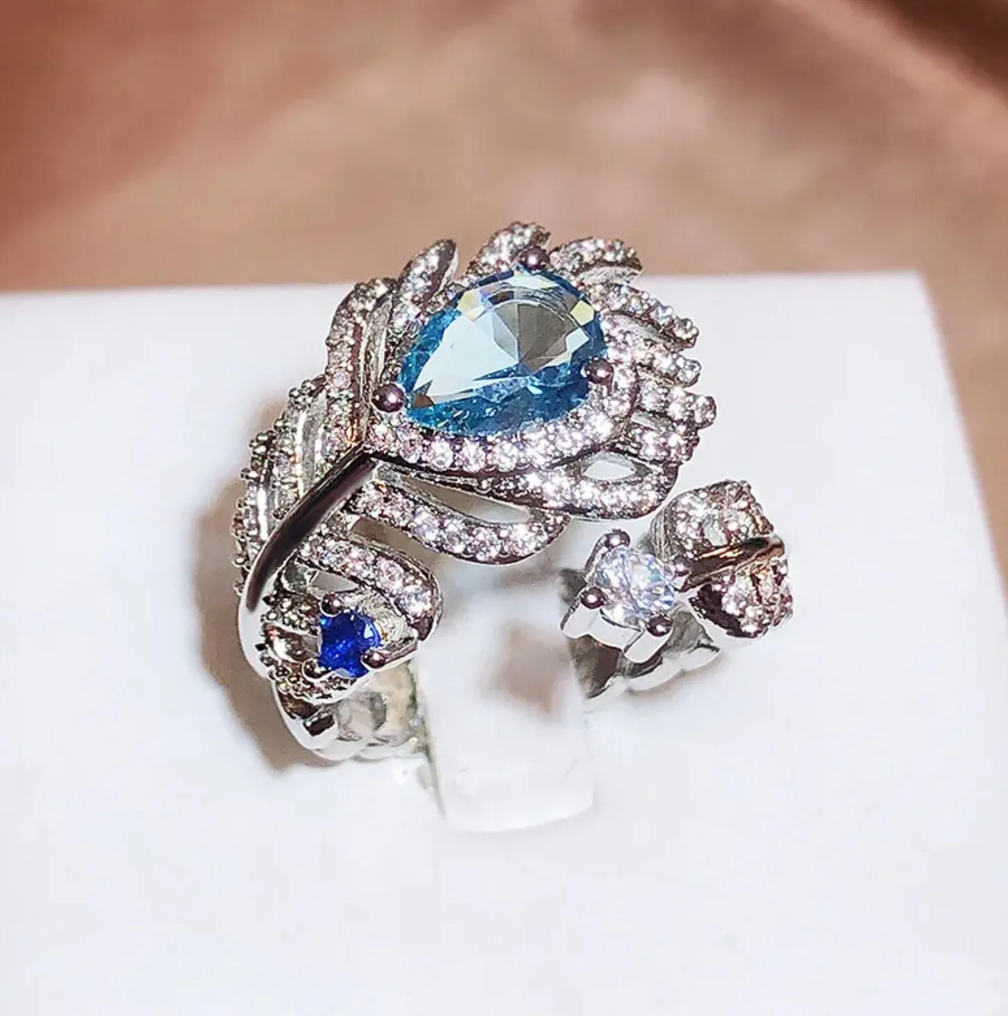 Diamond Feather Ring | Blue Diamond Ring | Womens Statement Ring |  Aquamarine Engagement Ring | Blue Diamond Ring | Womens Feather Ring
