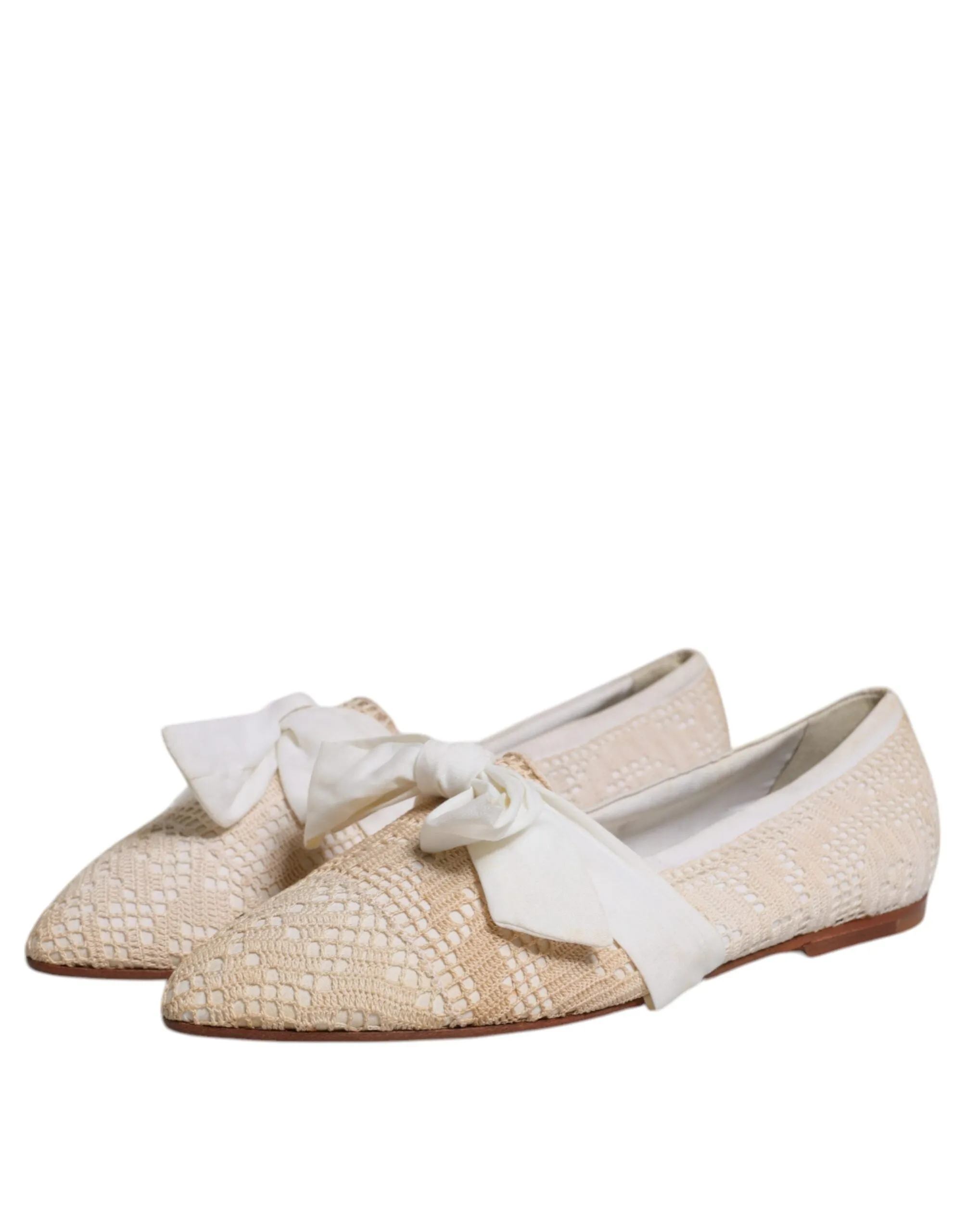 Dolce&Gabbana Women Beige Ballet Flats Fabric Bow Ribbon Casual Loafers Sz EU 39