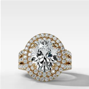 Double Halo Triple Shank Engagement Ring With Oval Cut Diamond