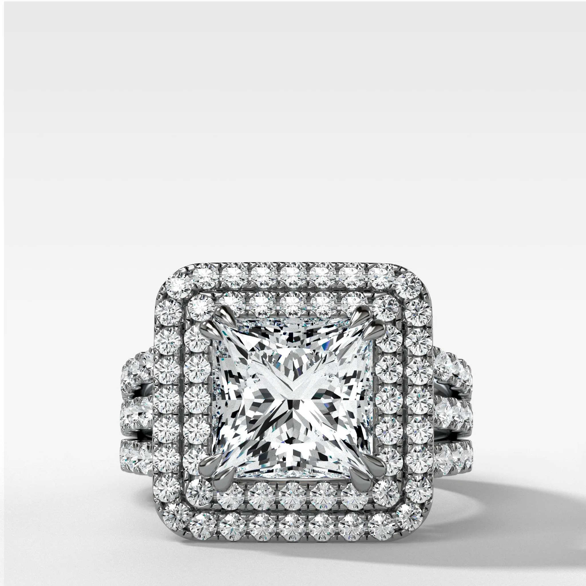 Double Halo Triple Shank Engagement Ring With Princess Cut Diamond