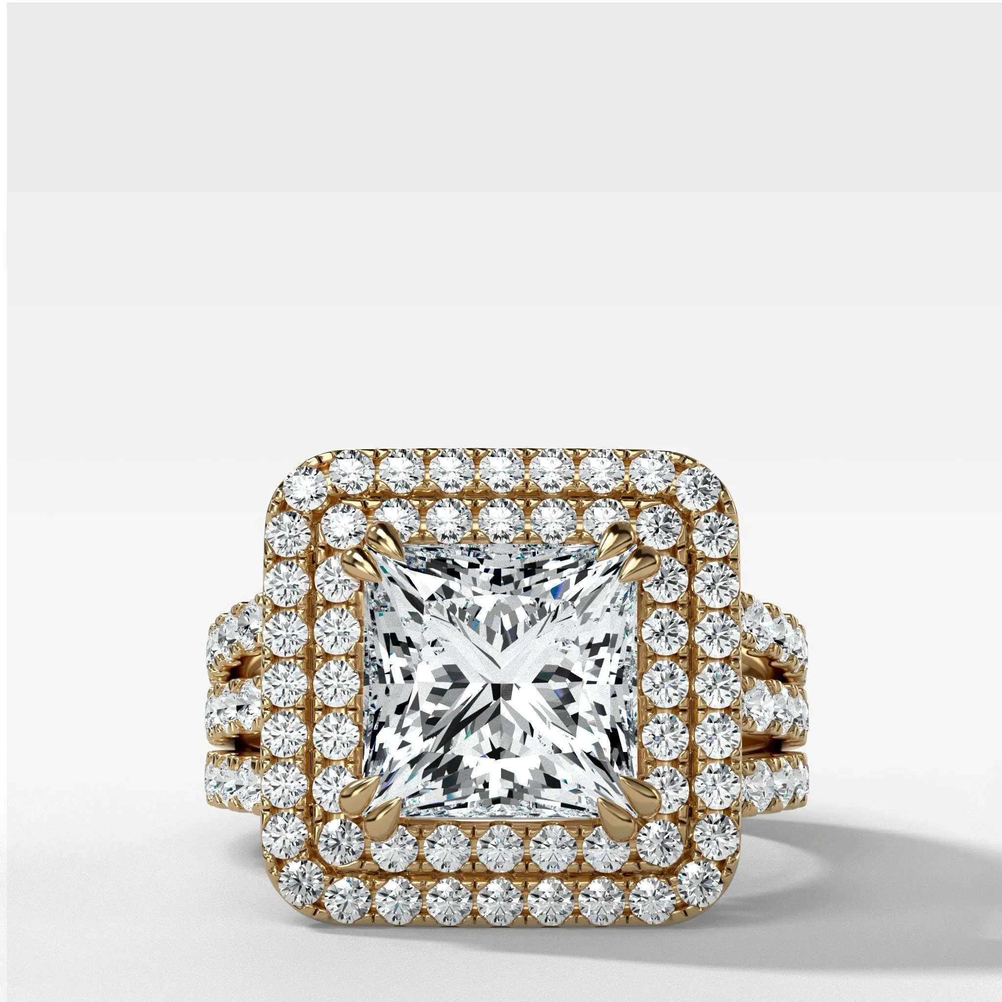 Double Halo Triple Shank Engagement Ring With Princess Cut Diamond