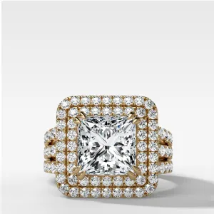 Double Halo Triple Shank Engagement Ring With Princess Cut Diamond