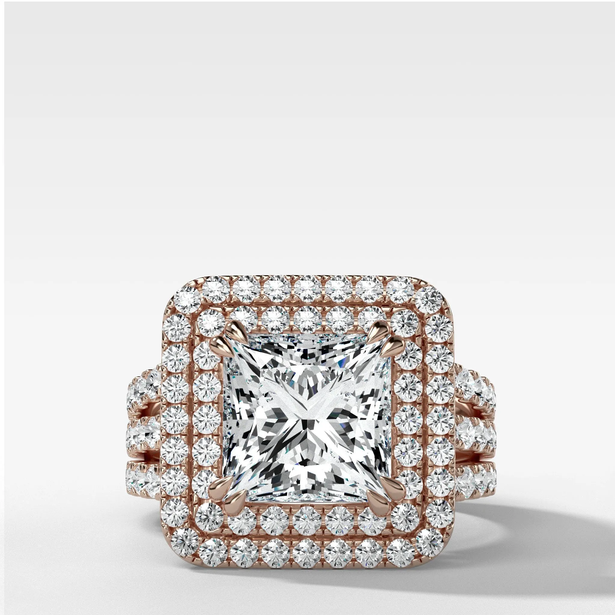 Double Halo Triple Shank Engagement Ring With Princess Cut Diamond
