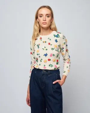 embroidered cashmere crew neck- multi flowers - cream