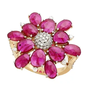 Faceted Oval Cut Ruby Pave Diamond Beautiful Daisy Ring In 18k Yellow Gold Ring