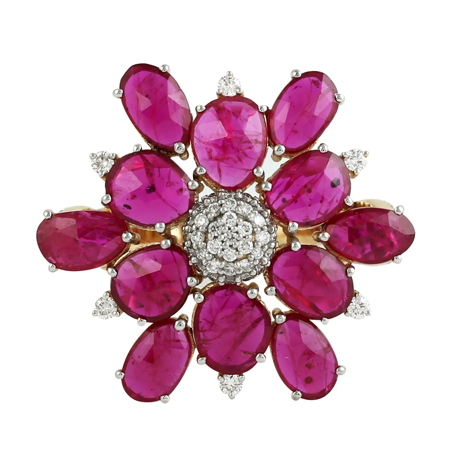 Faceted Oval Cut Ruby Pave Diamond Beautiful Daisy Ring In 18k Yellow Gold Ring