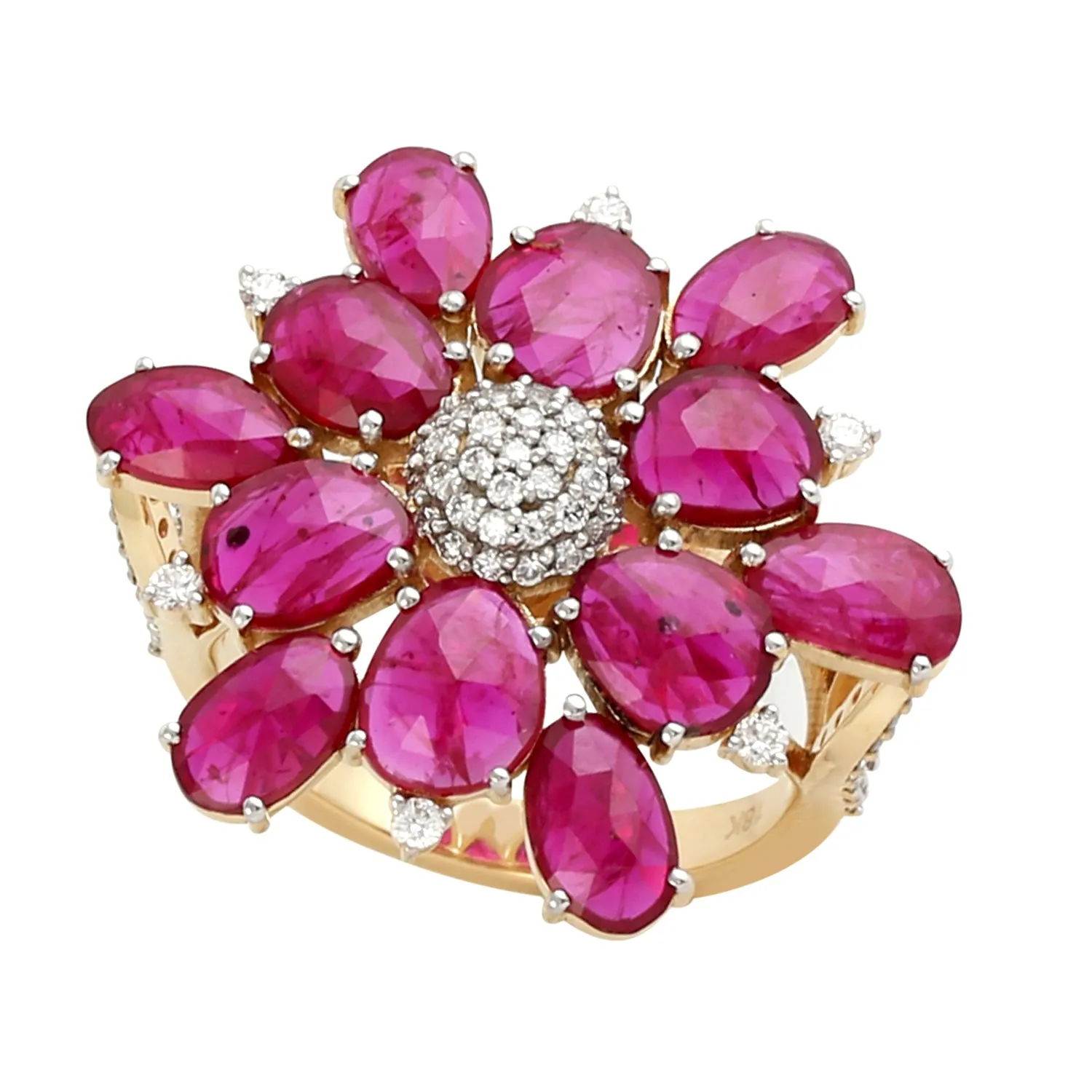 Faceted Oval Cut Ruby Pave Diamond Beautiful Daisy Ring In 18k Yellow Gold Ring