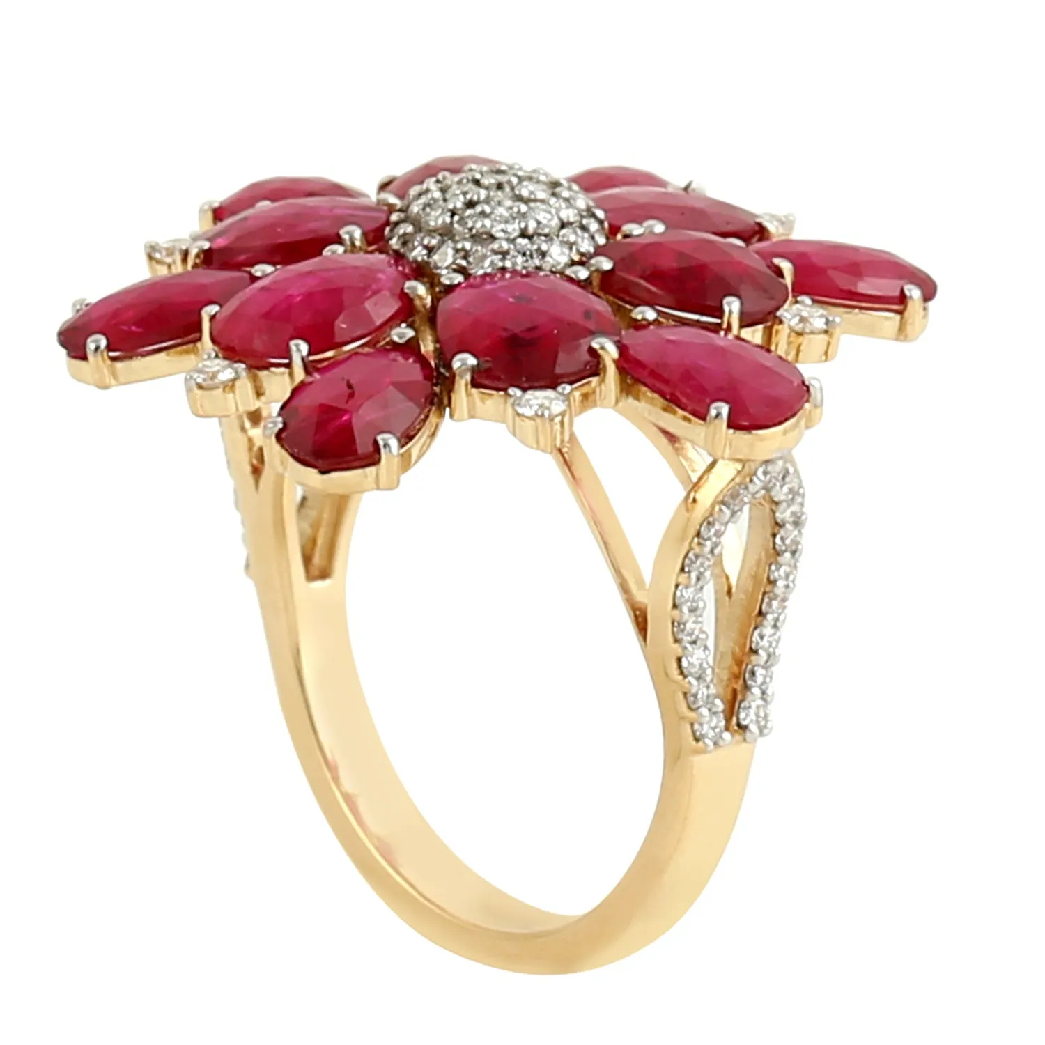 Faceted Oval Cut Ruby Pave Diamond Beautiful Daisy Ring In 18k Yellow Gold Ring