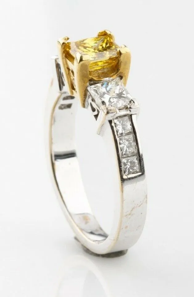 Fancy Yellow 1.30 carat Princess Cut Diamond 3 Stone 18k Gold Engagement Ring