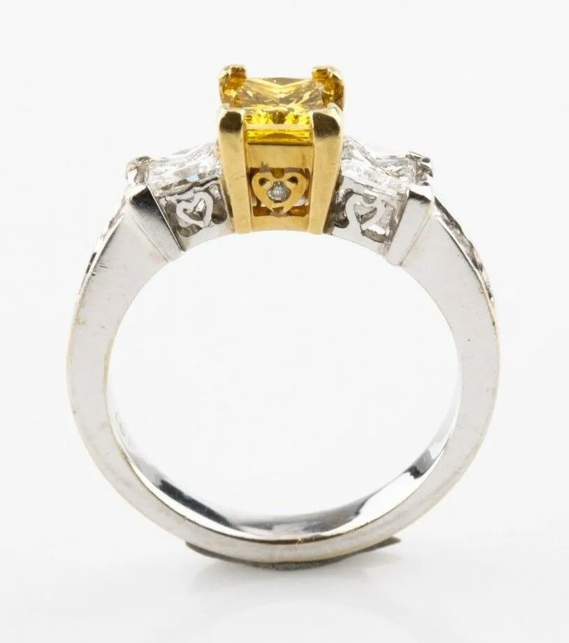 Fancy Yellow 1.30 carat Princess Cut Diamond 3 Stone 18k Gold Engagement Ring