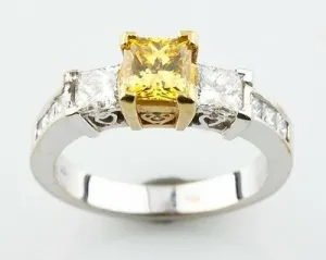 Fancy Yellow 1.30 carat Princess Cut Diamond 3 Stone 18k Gold Engagement Ring