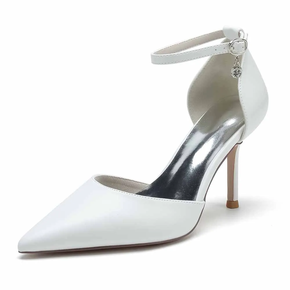 Faux Leather Ankle Strap Pumps White Party Heel Shoes