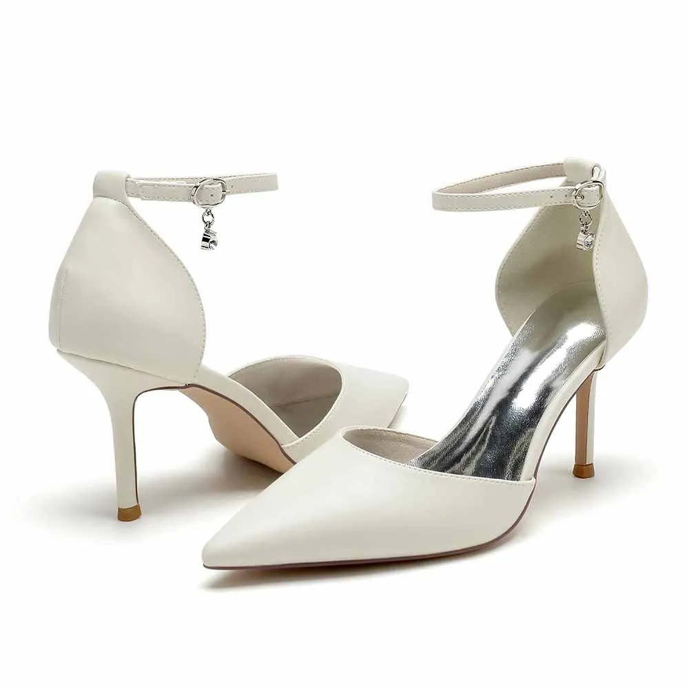 Faux Leather Ankle Strap Pumps White Party Heel Shoes