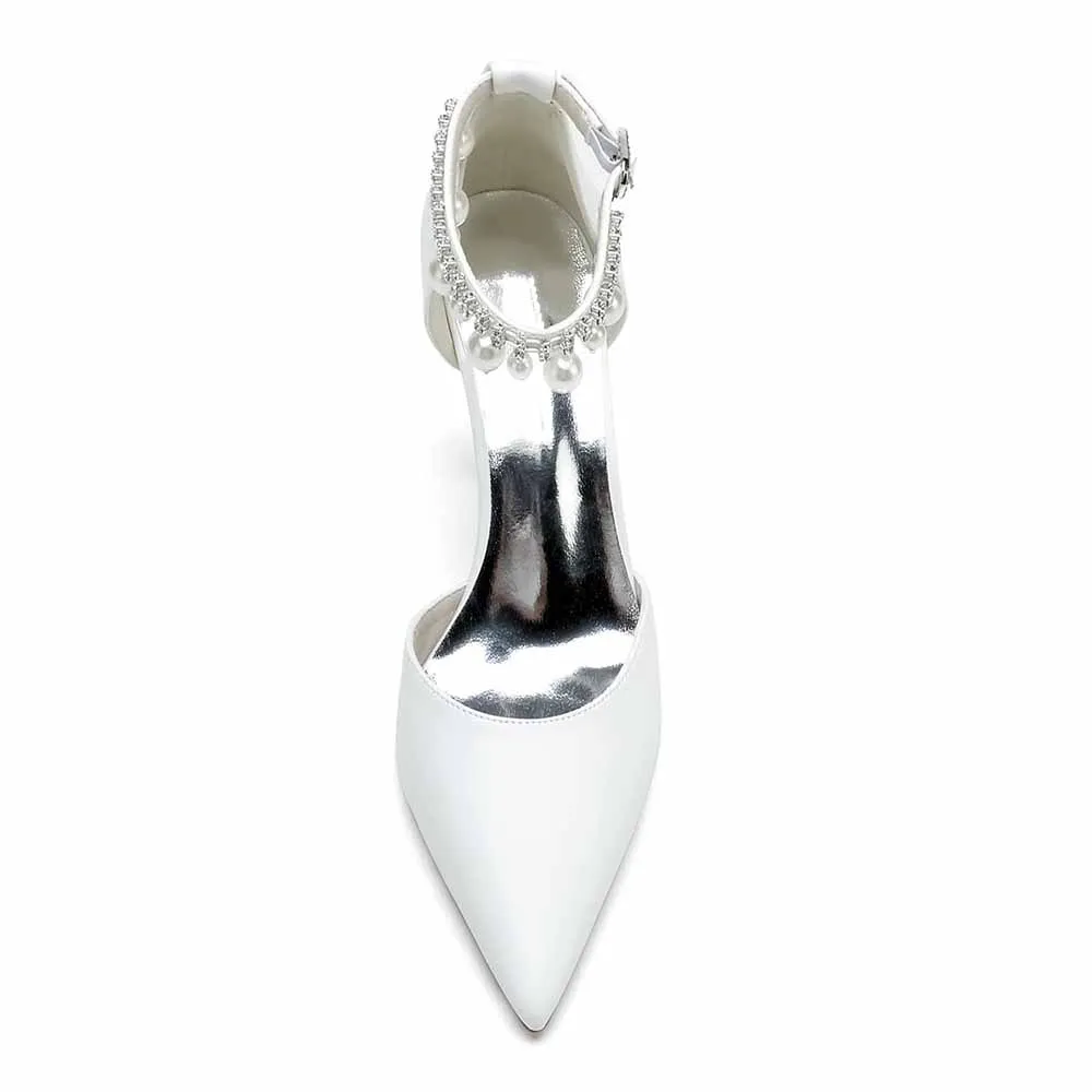 Faux Leather Pearl Ankle Strap Pumps White Party Heel Shoes