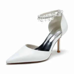 Faux Leather Pearl Ankle Strap Pumps White Party Heel Shoes
