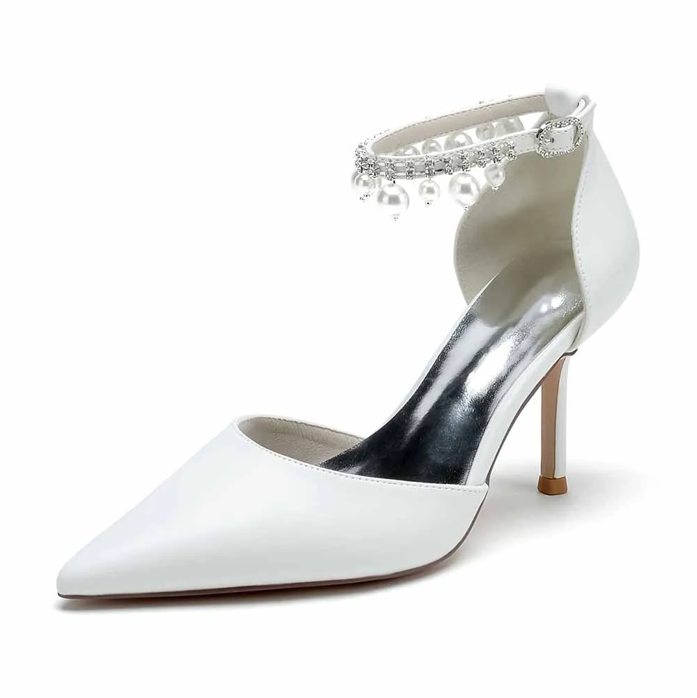 Faux Leather Pearl Ankle Strap Pumps White Party Heel Shoes