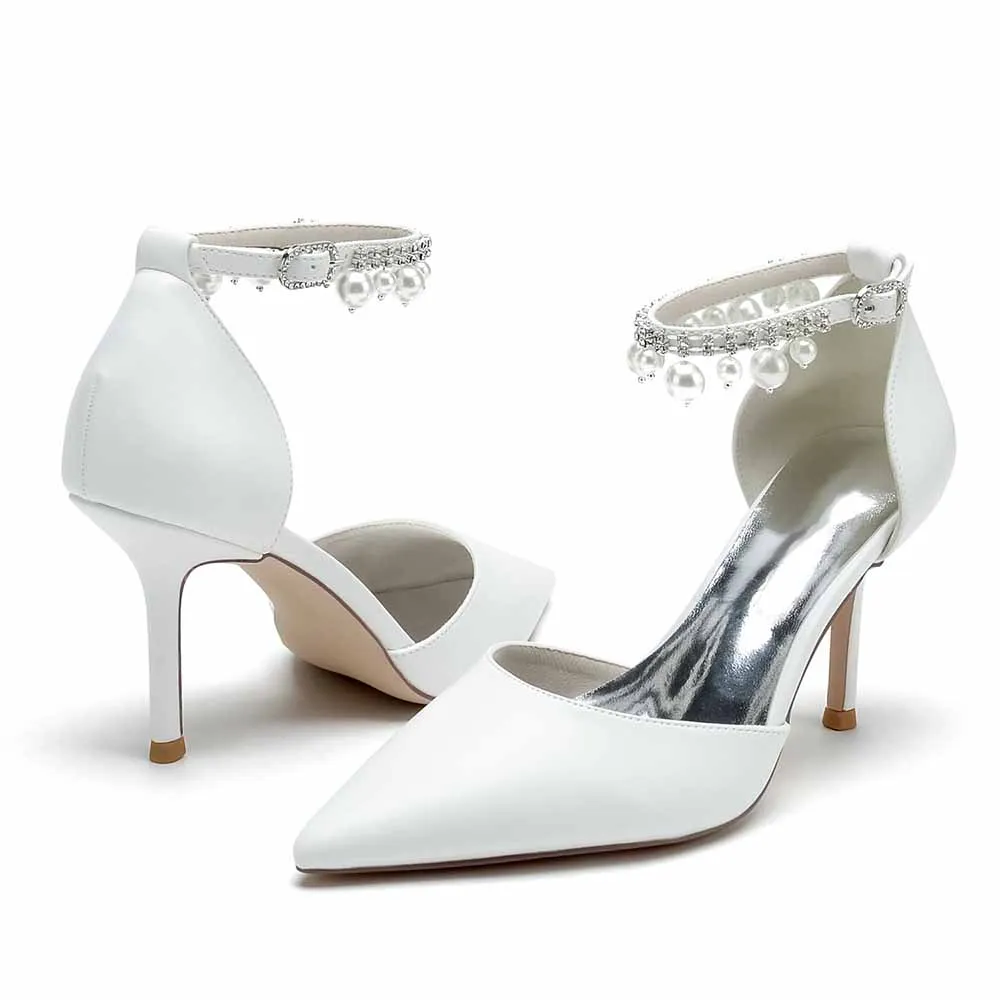 Faux Leather Pearl Ankle Strap Pumps White Party Heel Shoes