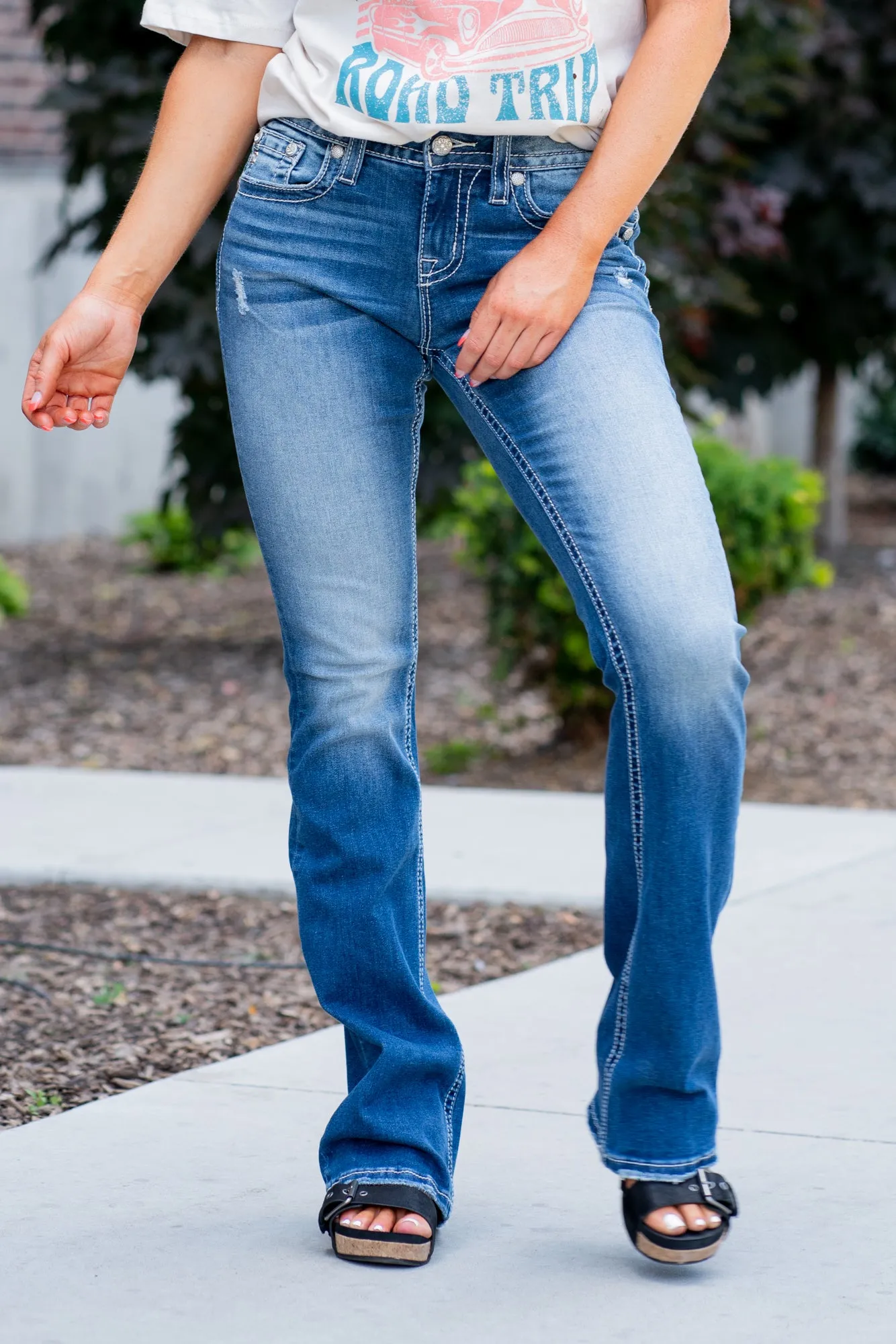 Feather Sunflower Multi Colored Mid Rise Boot Cut