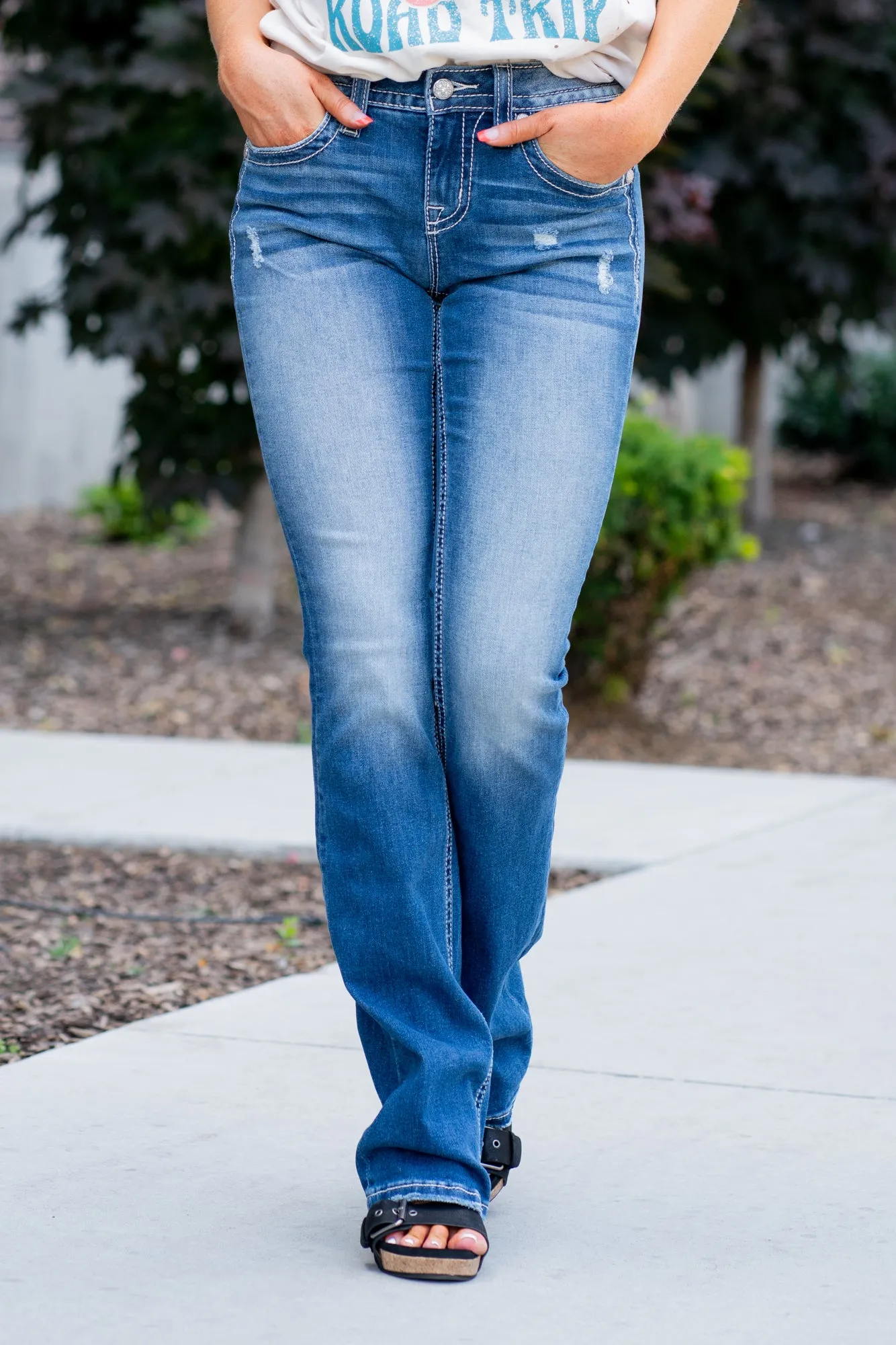 Feather Sunflower Multi Colored Mid Rise Boot Cut