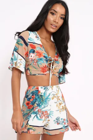 Floral with Beige Contrast Crop Top and Shorts Co-ord - Cammy