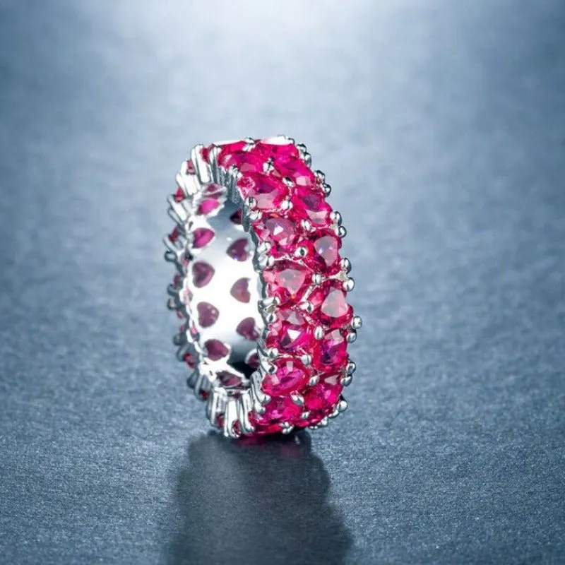Full Pink Heart Zircon Ring Silver For Women Engagement Jewelry