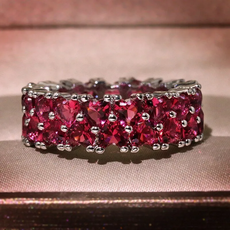 Full Pink Heart Zircon Ring Silver For Women Engagement Jewelry