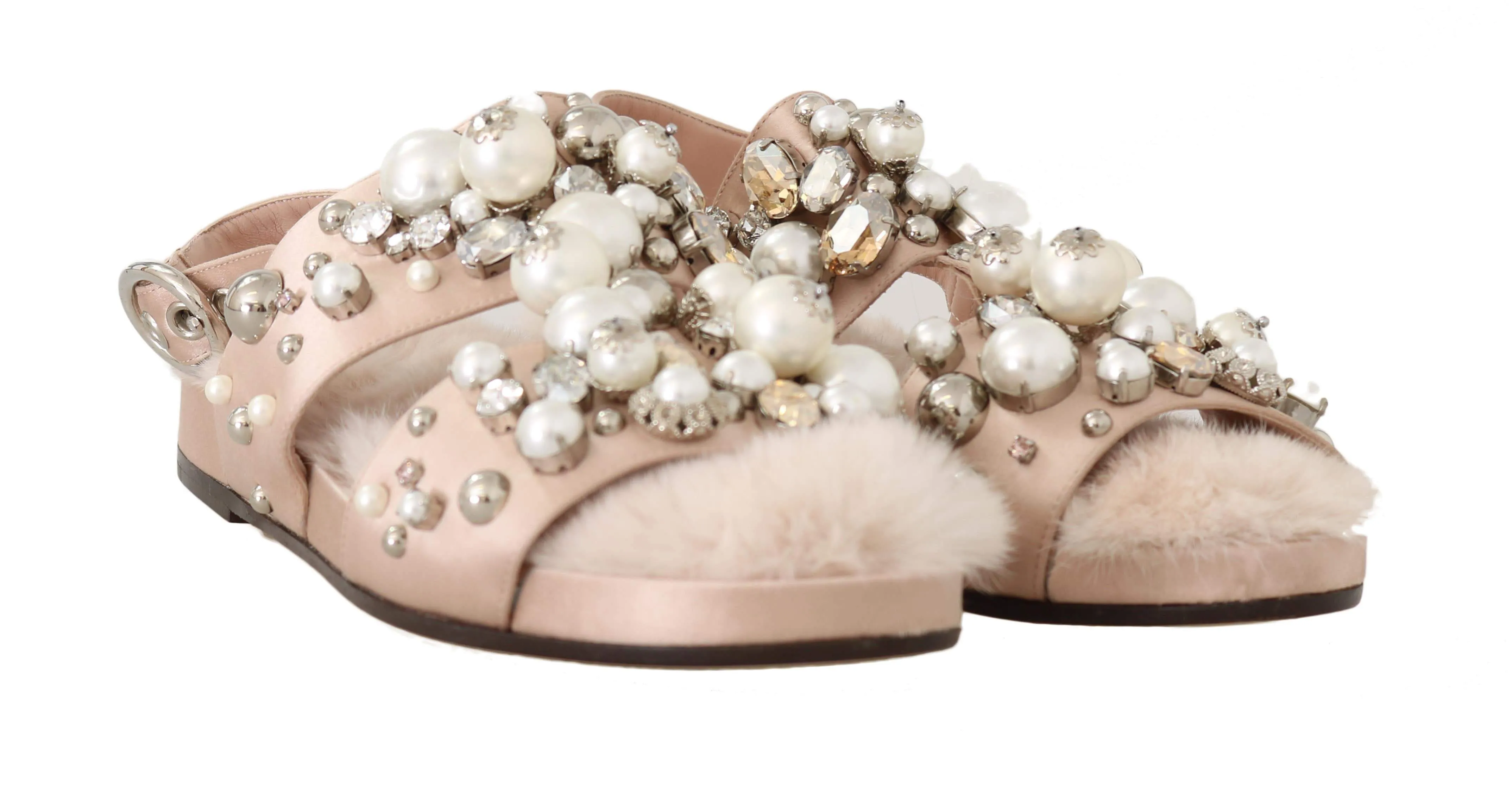 Fur Silk Crystal Flat Sandals