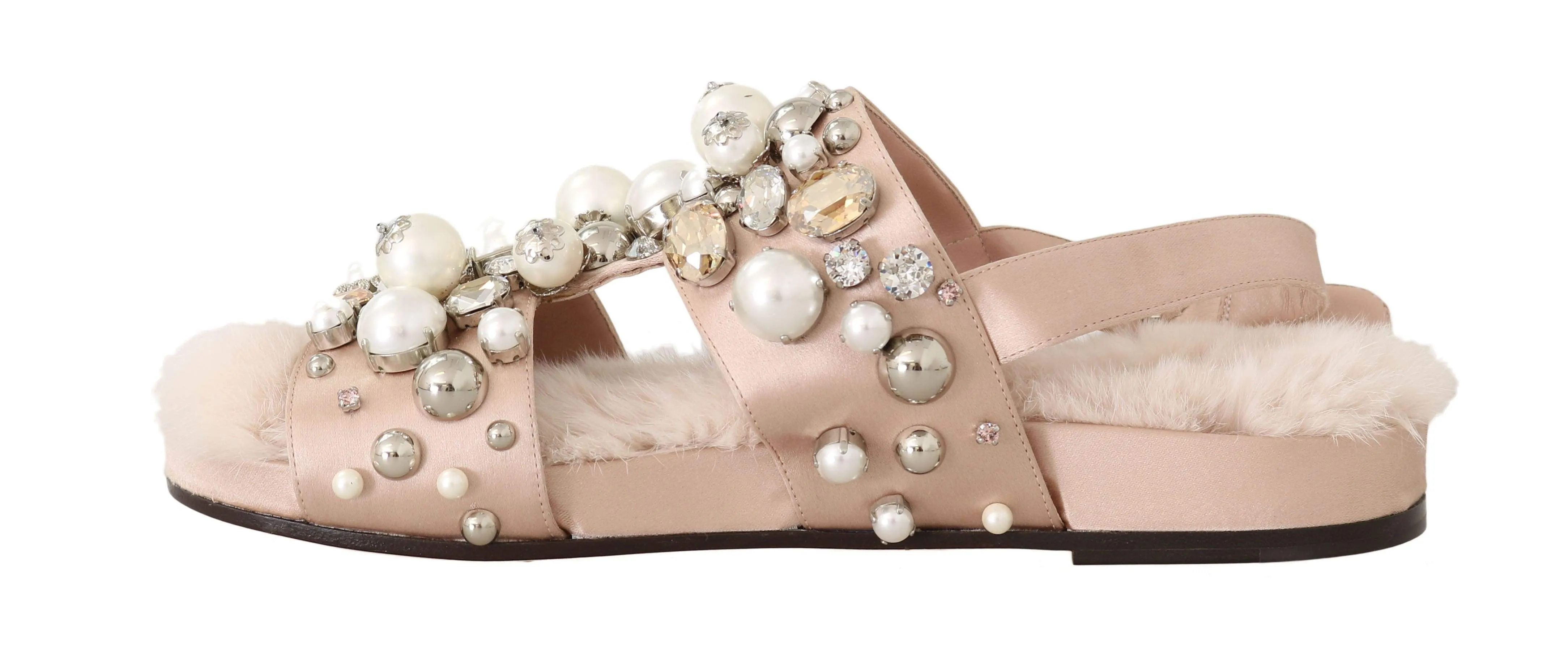 Fur Silk Crystal Flat Sandals