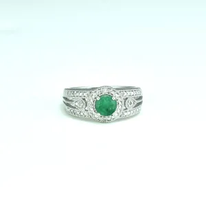 Genuine Emerald and Diamond Accent Fashion Ring in Silver