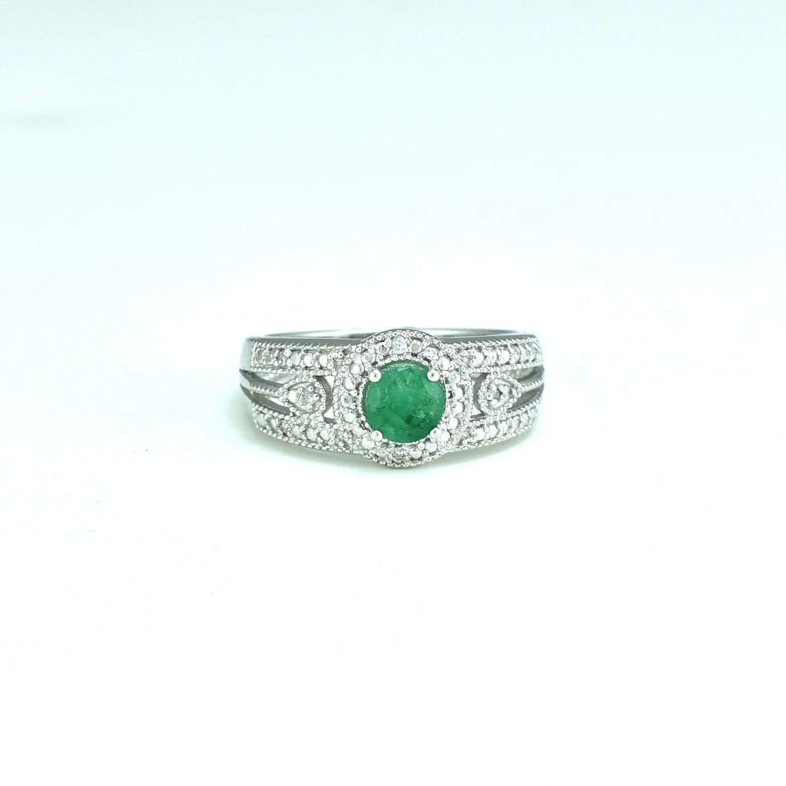 Genuine Emerald and Diamond Accent Fashion Ring in Silver