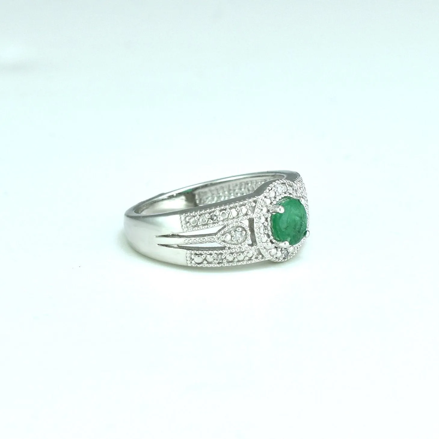 Genuine Emerald and Diamond Accent Fashion Ring in Silver