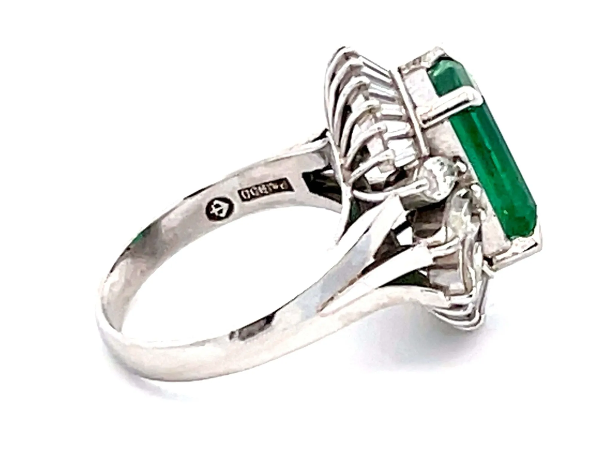 GIA Zambia Emerald, Baguette and Marquise Diamond Platinum Ring