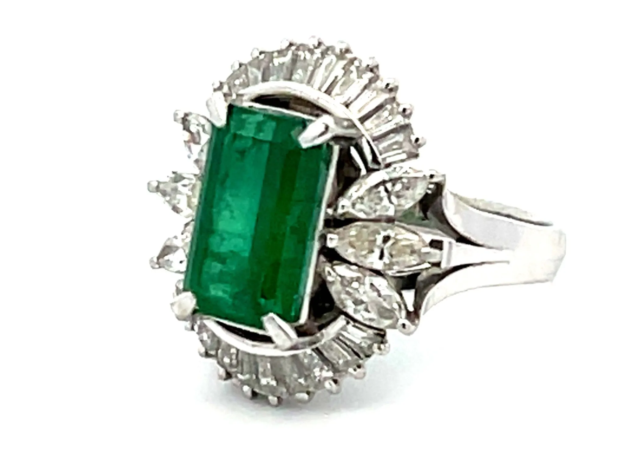 GIA Zambia Emerald, Baguette and Marquise Diamond Platinum Ring