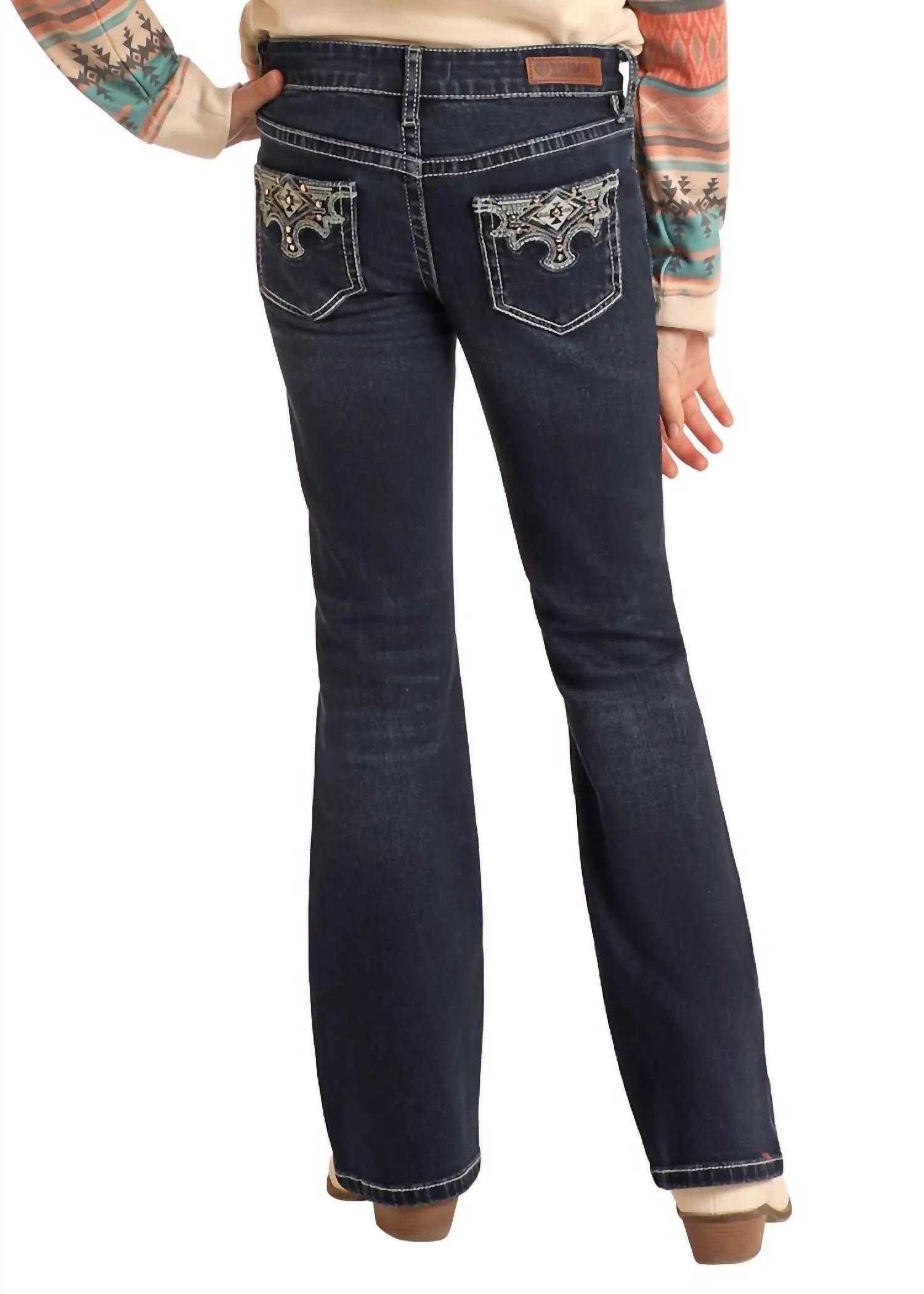 Girls Scallop Embroidered Extra-Stretch Jeans In Dark Vintage