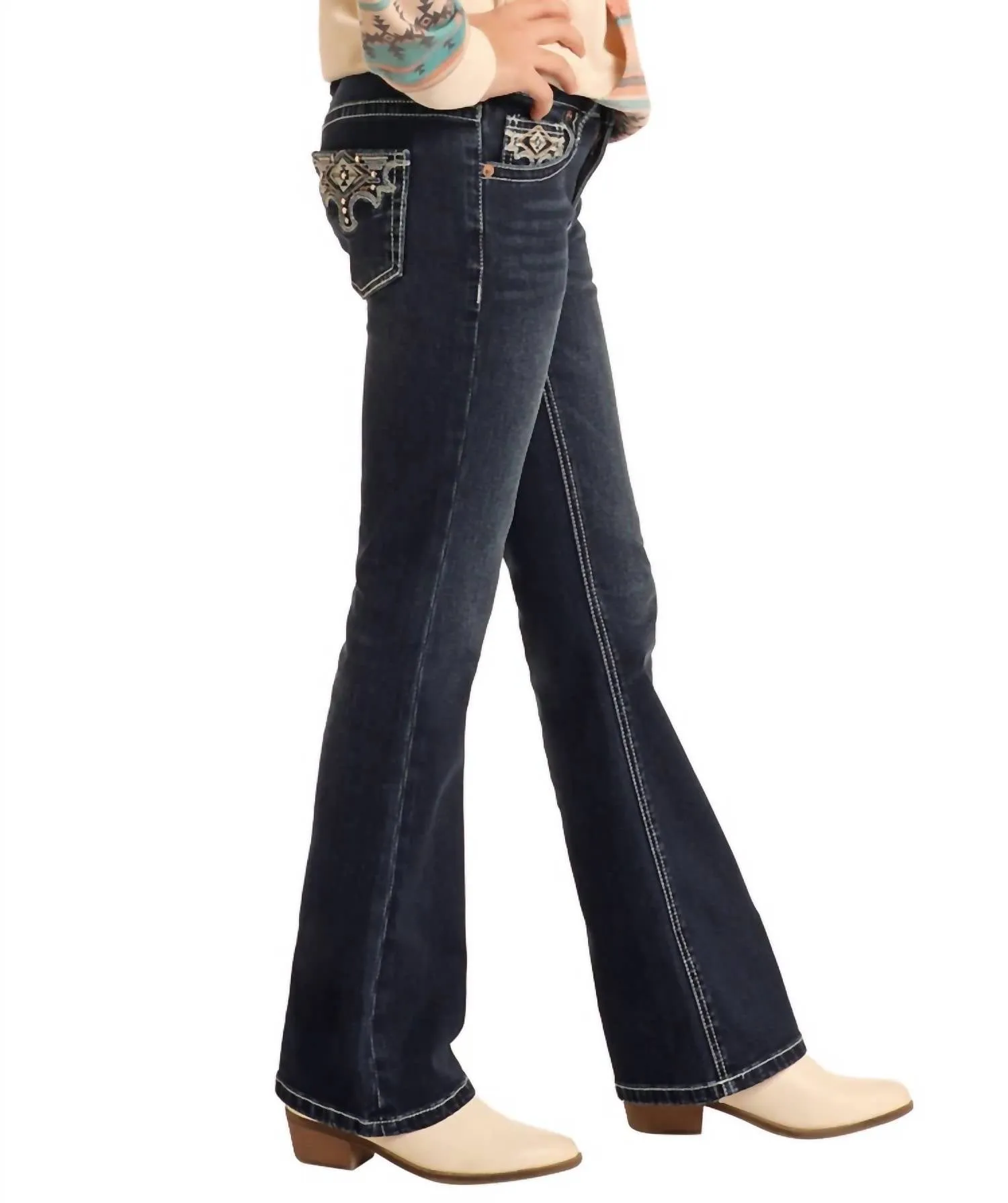 Girls Scallop Embroidered Extra-Stretch Jeans In Dark Vintage