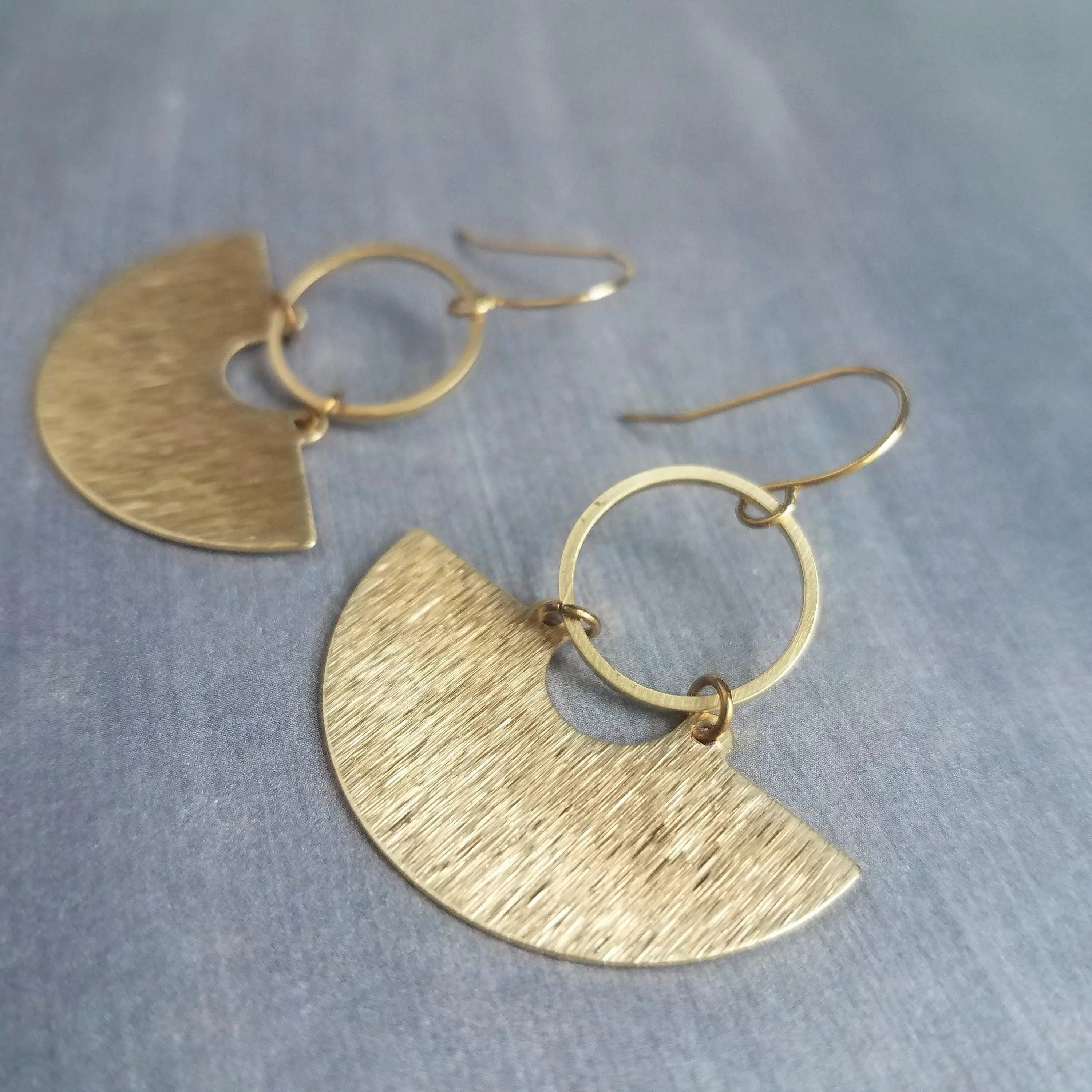 Gold Half Circle Earrings, brass circle earring, brushed textured, half moon earring, semi circle, semicircle earring, gold circle earring