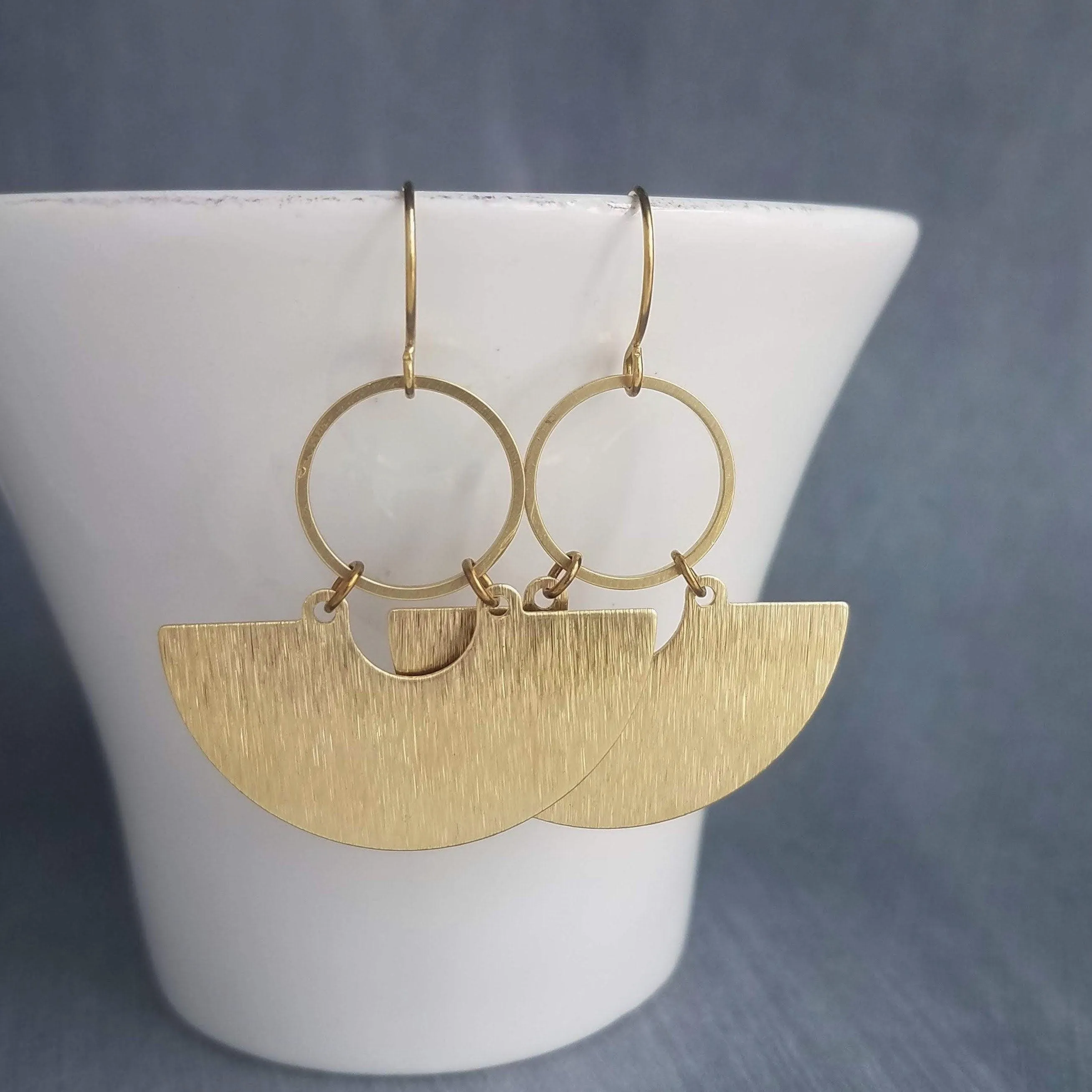 Gold Half Circle Earrings, brass circle earring, brushed textured, half moon earring, semi circle, semicircle earring, gold circle earring