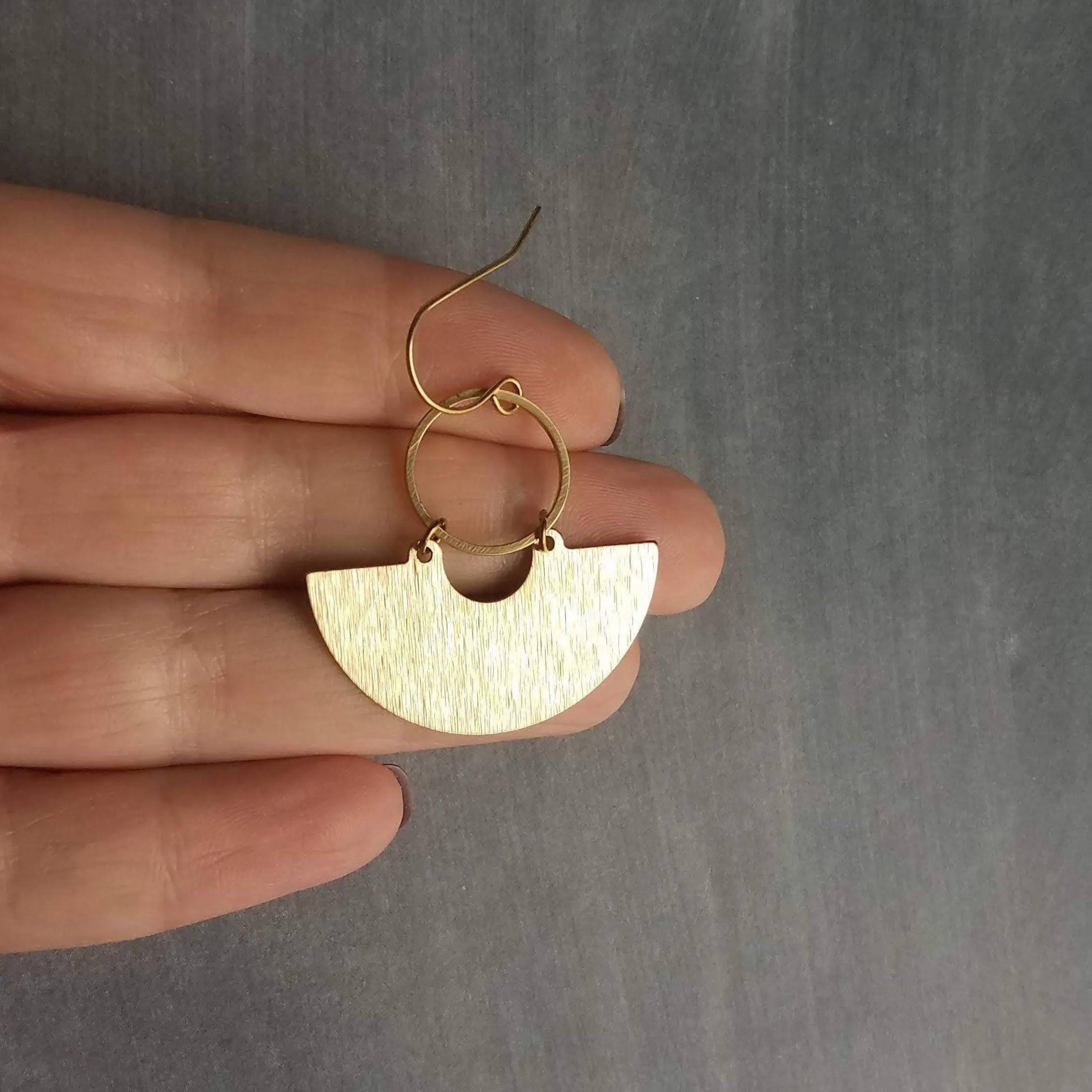 Gold Half Circle Earrings, brass circle earring, brushed textured, half moon earring, semi circle, semicircle earring, gold circle earring