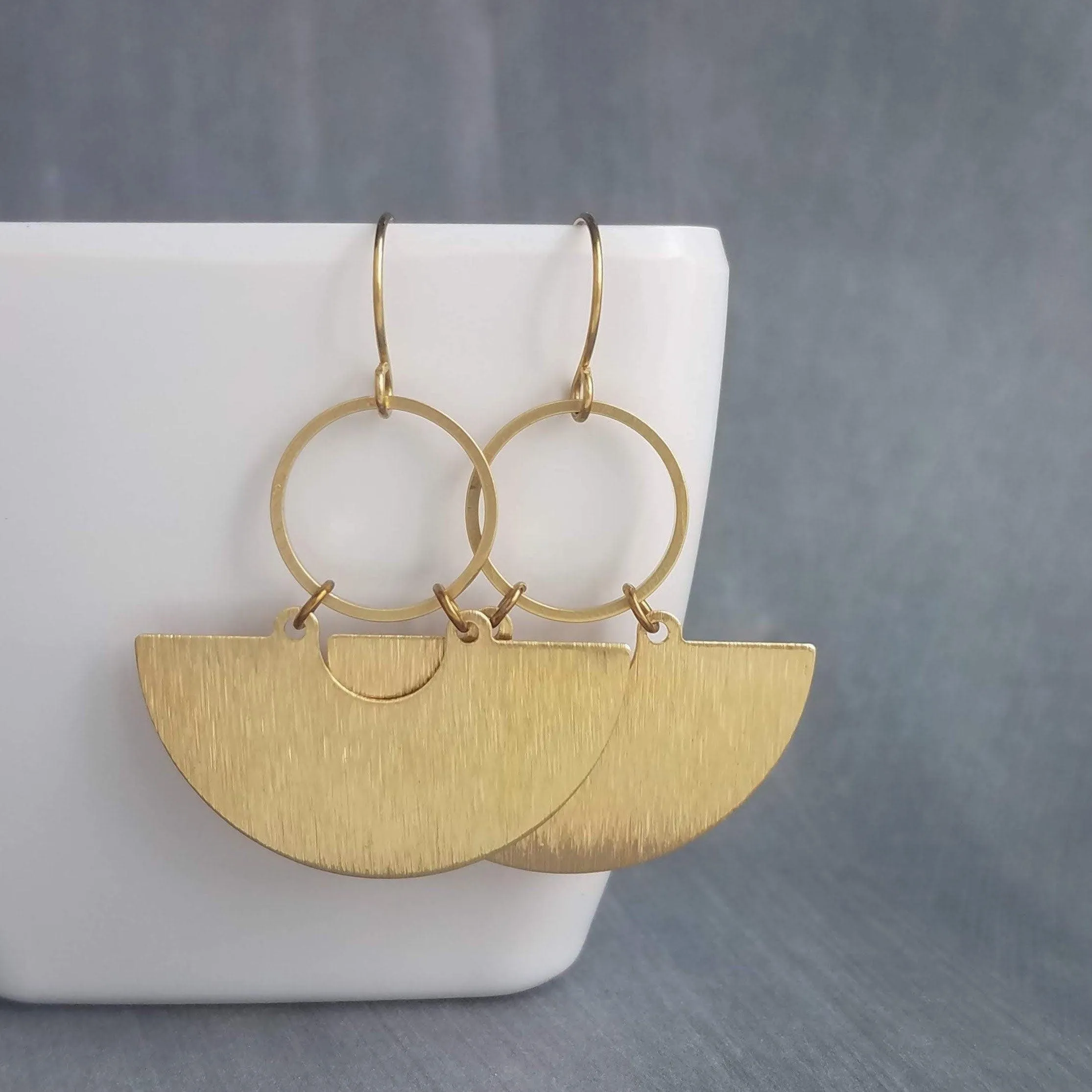 Gold Half Circle Earrings, brass circle earring, brushed textured, half moon earring, semi circle, semicircle earring, gold circle earring