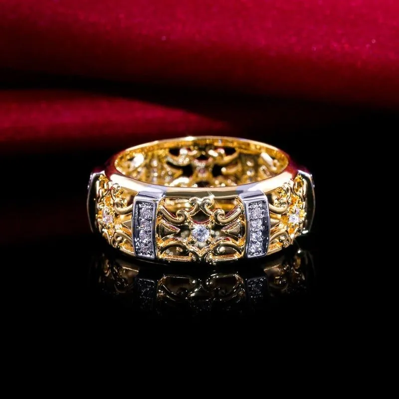 Gold Hollow Band Ring Zircon Engagement Wedding Jewelry