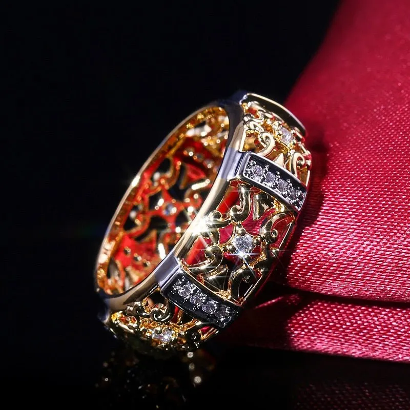 Gold Hollow Band Ring Zircon Engagement Wedding Jewelry