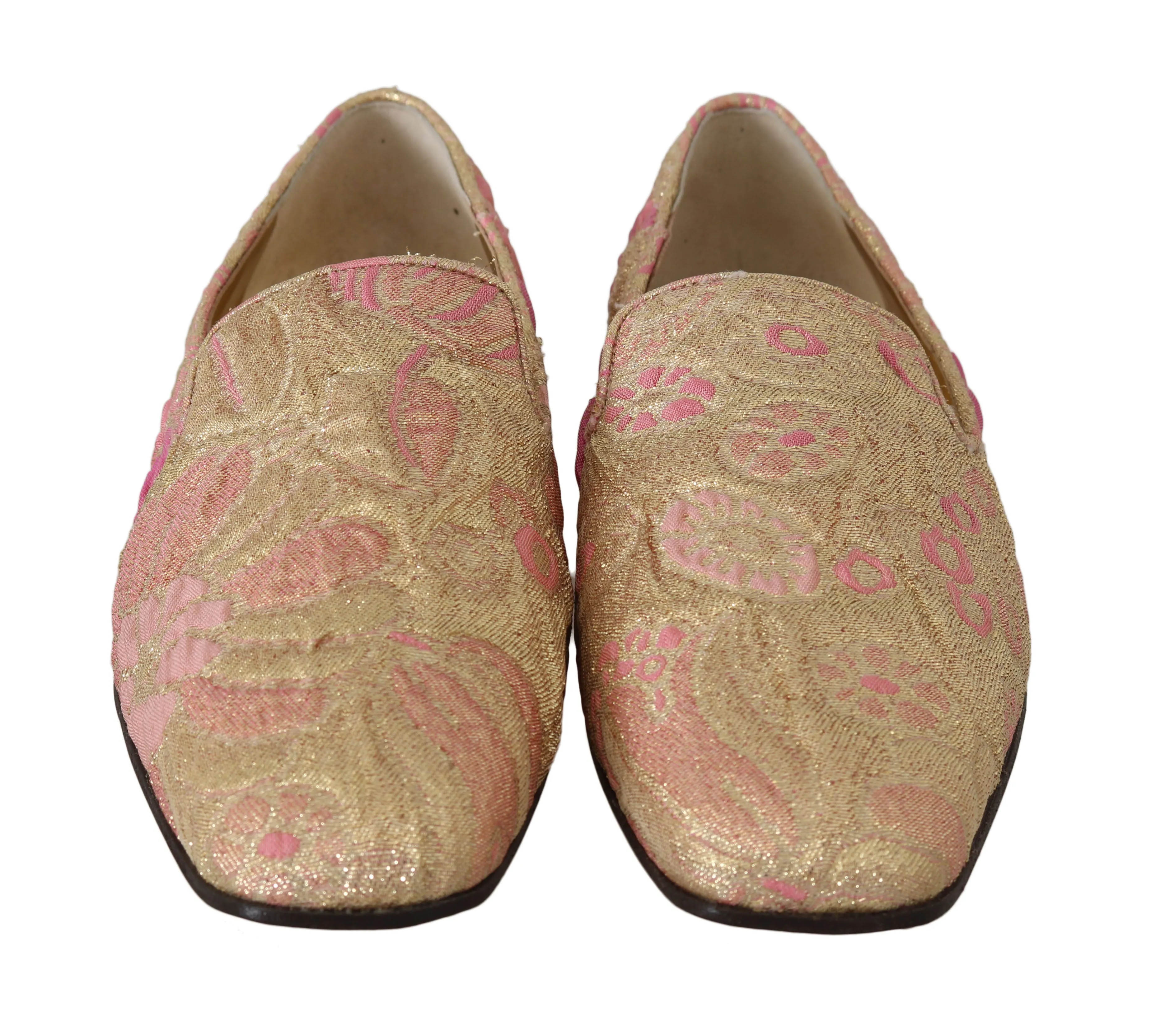 Gold Pink Brocade Loafers Floral Flats