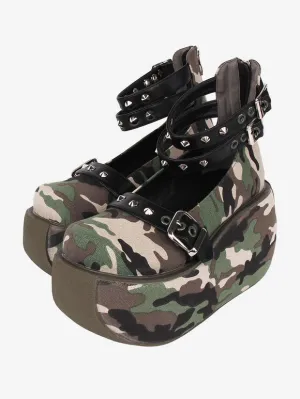 Gothic Lolita Footwear As Image Color Block Grommets Close Toe Canvas Lolita Pumps