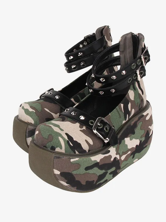 Gothic Lolita Footwear As Image Color Block Grommets Close Toe Canvas Lolita Pumps