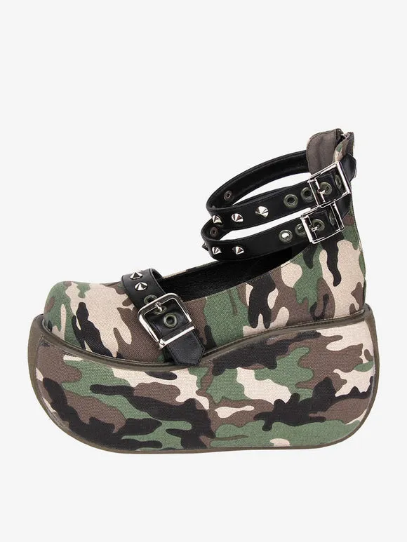 Gothic Lolita Footwear As Image Color Block Grommets Close Toe Canvas Lolita Pumps