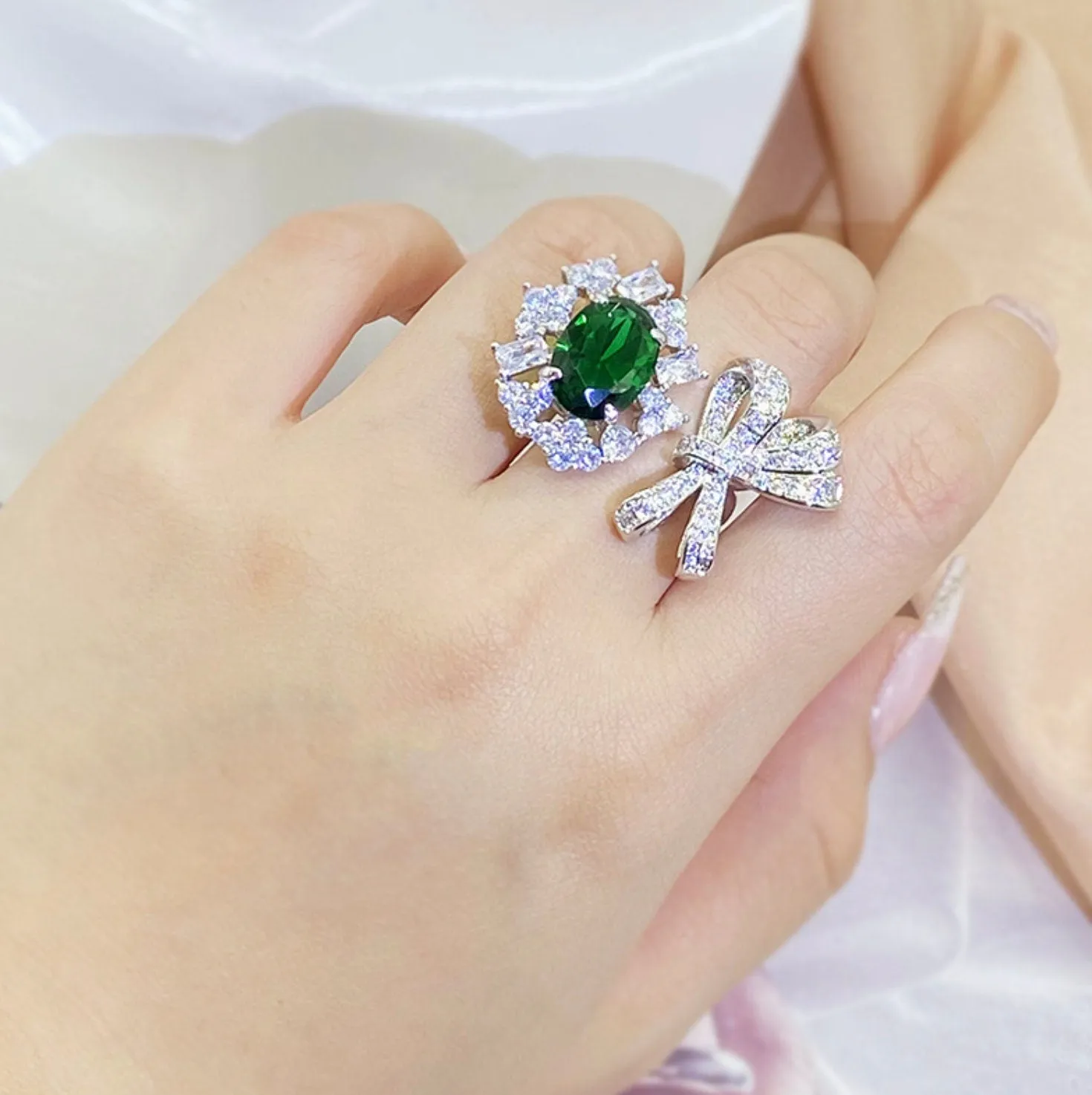 Green Diamond Ring | Womens Ribbon Ring |  Big Green Diamond Ring | Green Gemstone Ring | Womens Diamond Bow Ring | Diamond Ribbon Ring