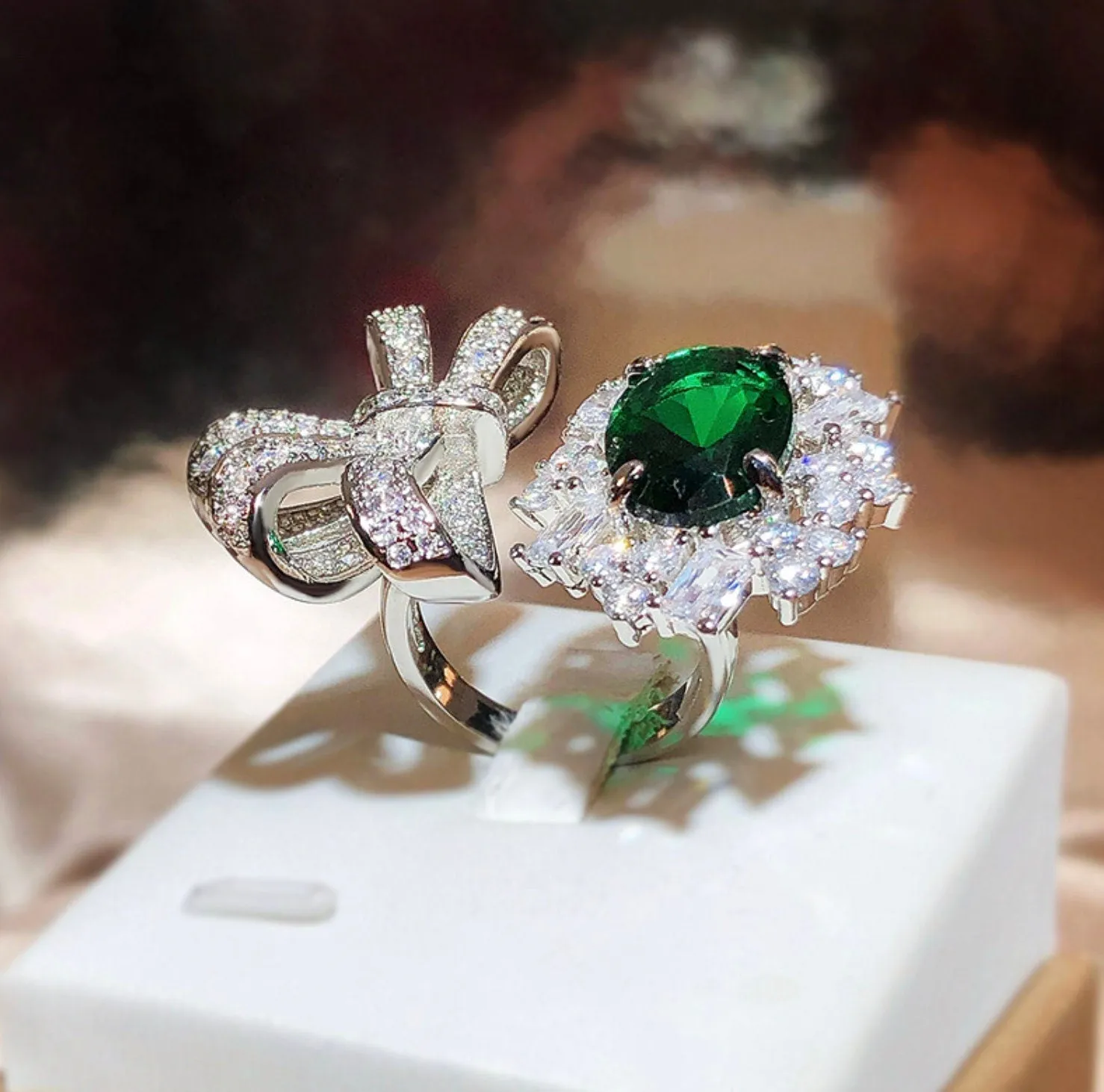 Green Diamond Ring | Womens Ribbon Ring |  Big Green Diamond Ring | Green Gemstone Ring | Womens Diamond Bow Ring | Diamond Ribbon Ring