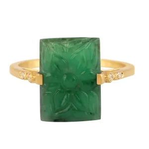 Hand carved Floral Emerald Pave Diamond Ring In 18k Yellow Gold