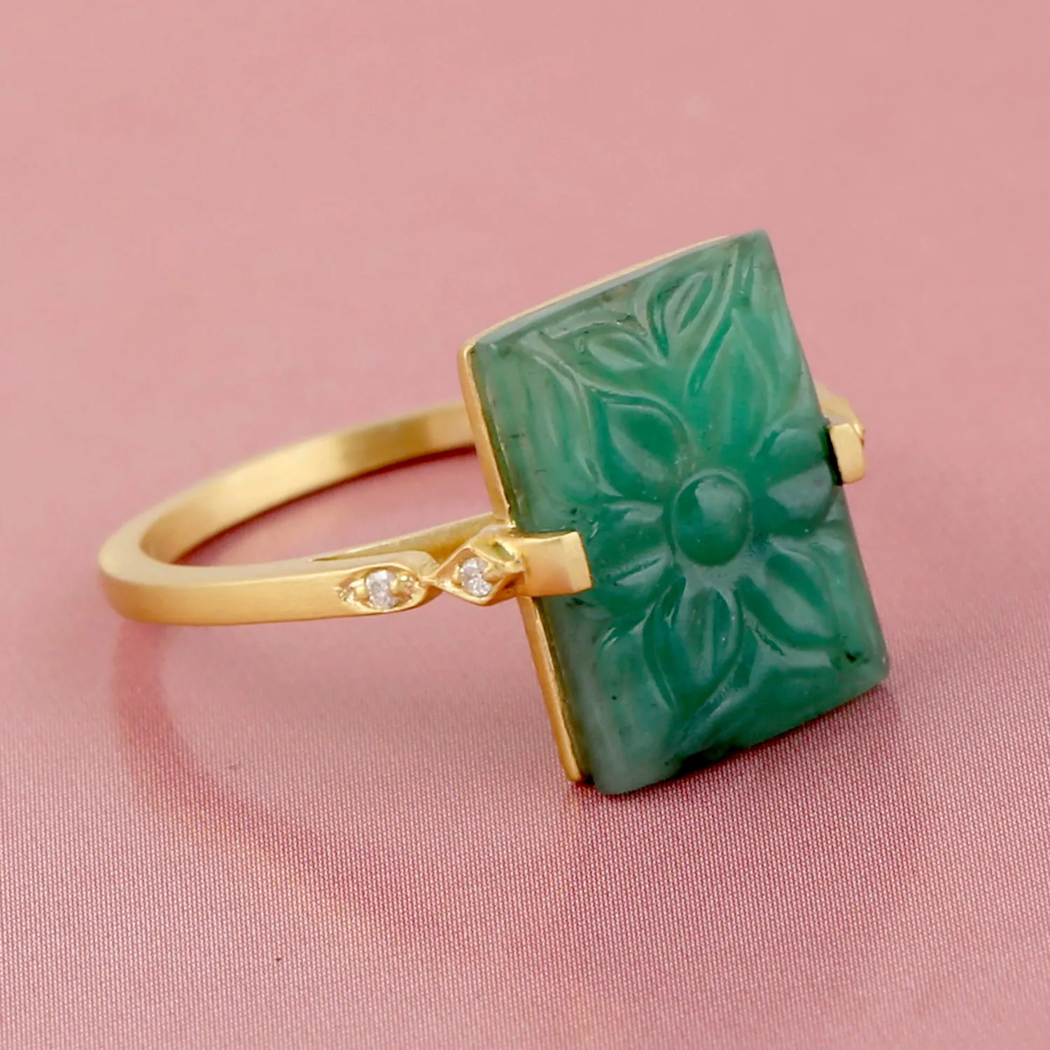 Hand carved Floral Emerald Pave Diamond Ring In 18k Yellow Gold